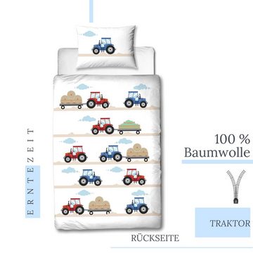 Babybettwäsche Traktor 100x135 + 40x60 cm, 100 % Baumwolle, MTOnlinehandel, Biber, 2 teilig, soft und kuschelweich für Babys und Kleinkinder