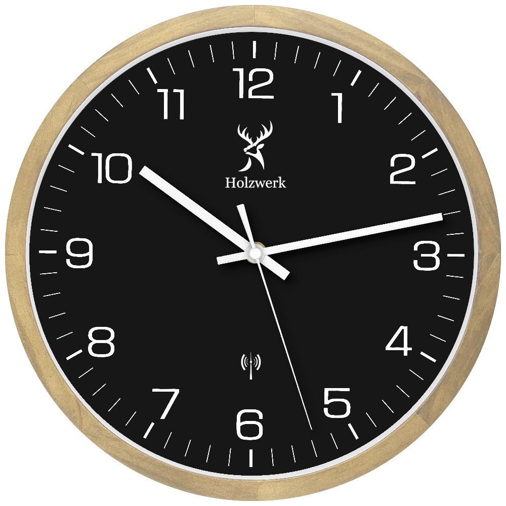 Holzwerk Funkwanduhr Designer Loft Funk Holz Wand Uhr, braun, beige, weiß (Nahezu lautloses Uhrwerk, analog, 30 cm)