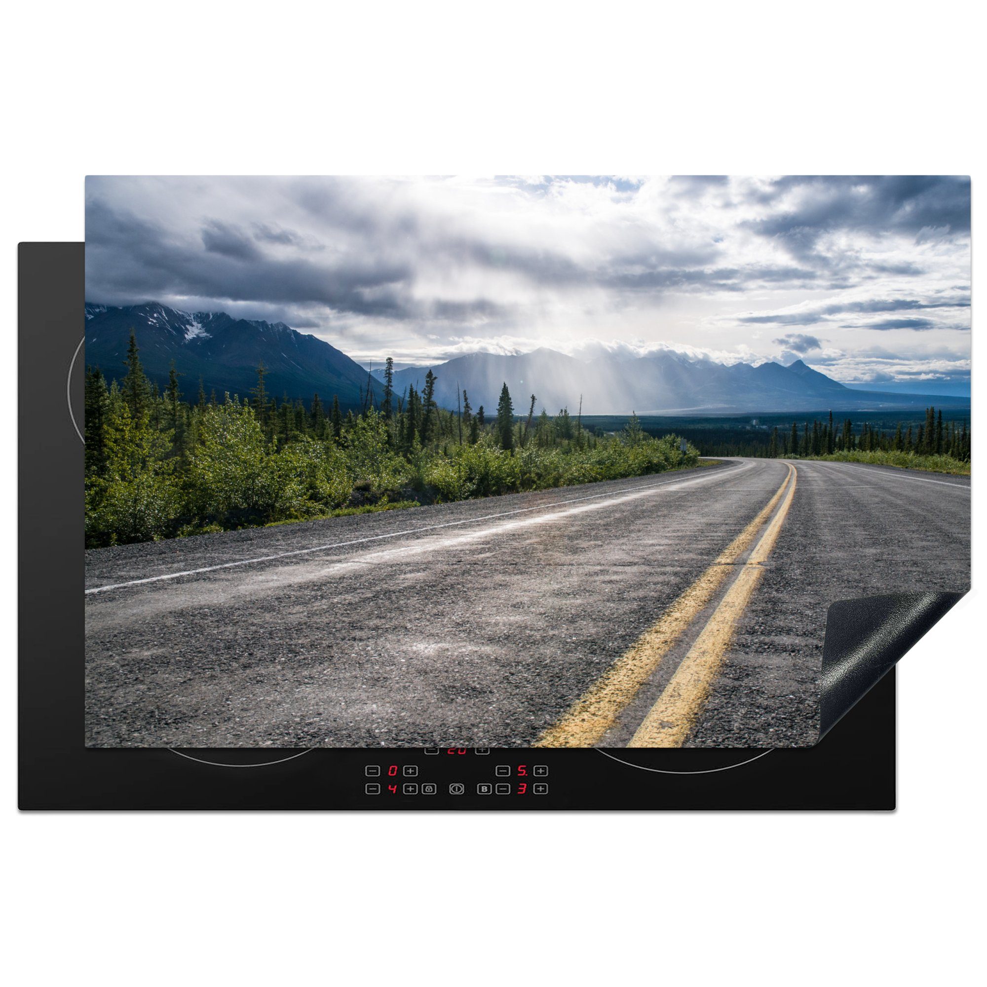 MuchoWow Herdblende-/Abdeckplatte Eine Straße führt durch den Kluane National Park in Kanada, Vinyl, (1 tlg), 81x52 cm, Induktionskochfeld Schutz für die küche, Ceranfeldabdeckung