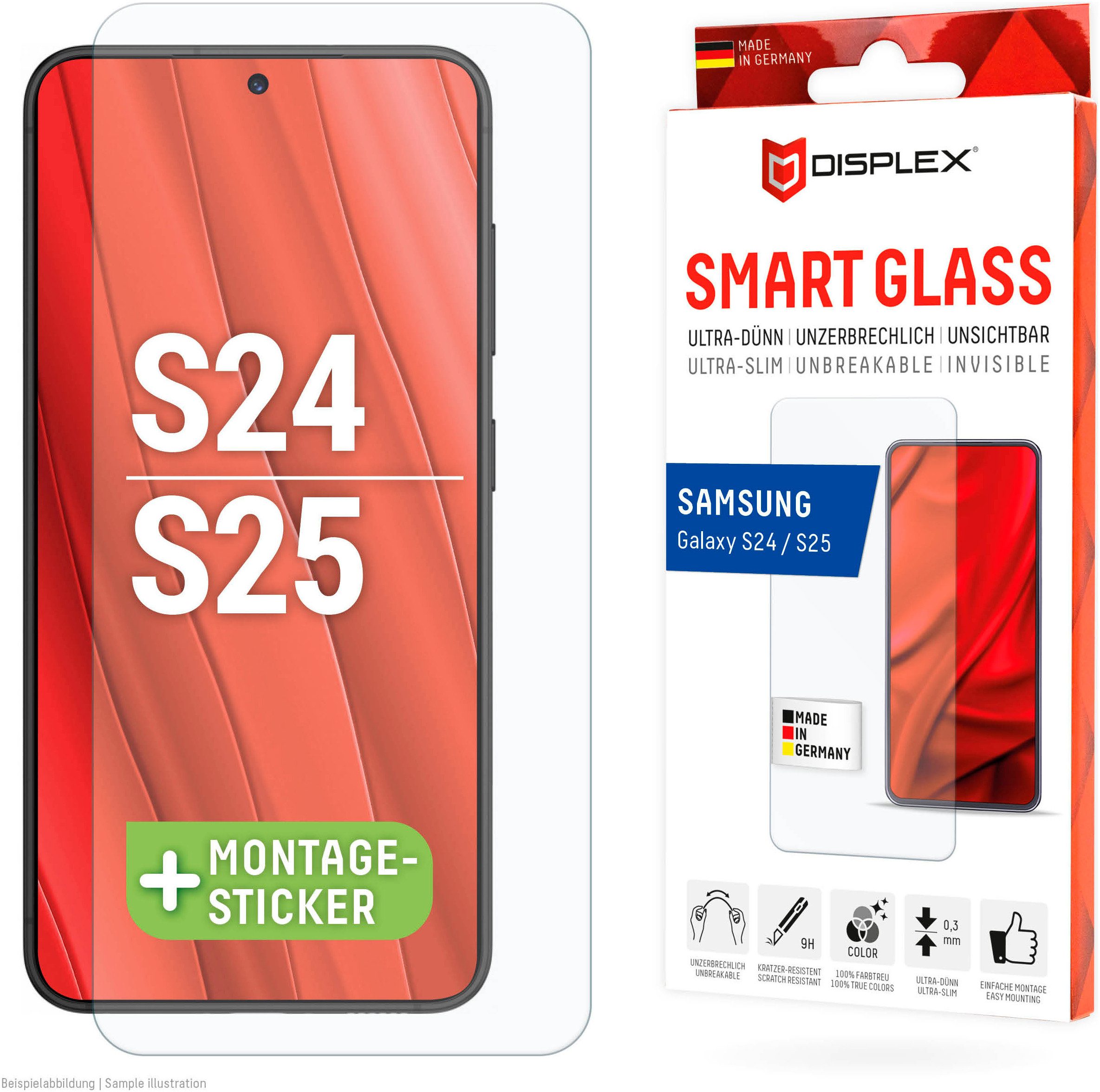Displex Displayschutzglas Smart Glass für Samsung Galaxy S24, Samsung Galaxy S25, Displayschutzfolie Displayschutz kratzer-resistent 9H unzerbrechlich