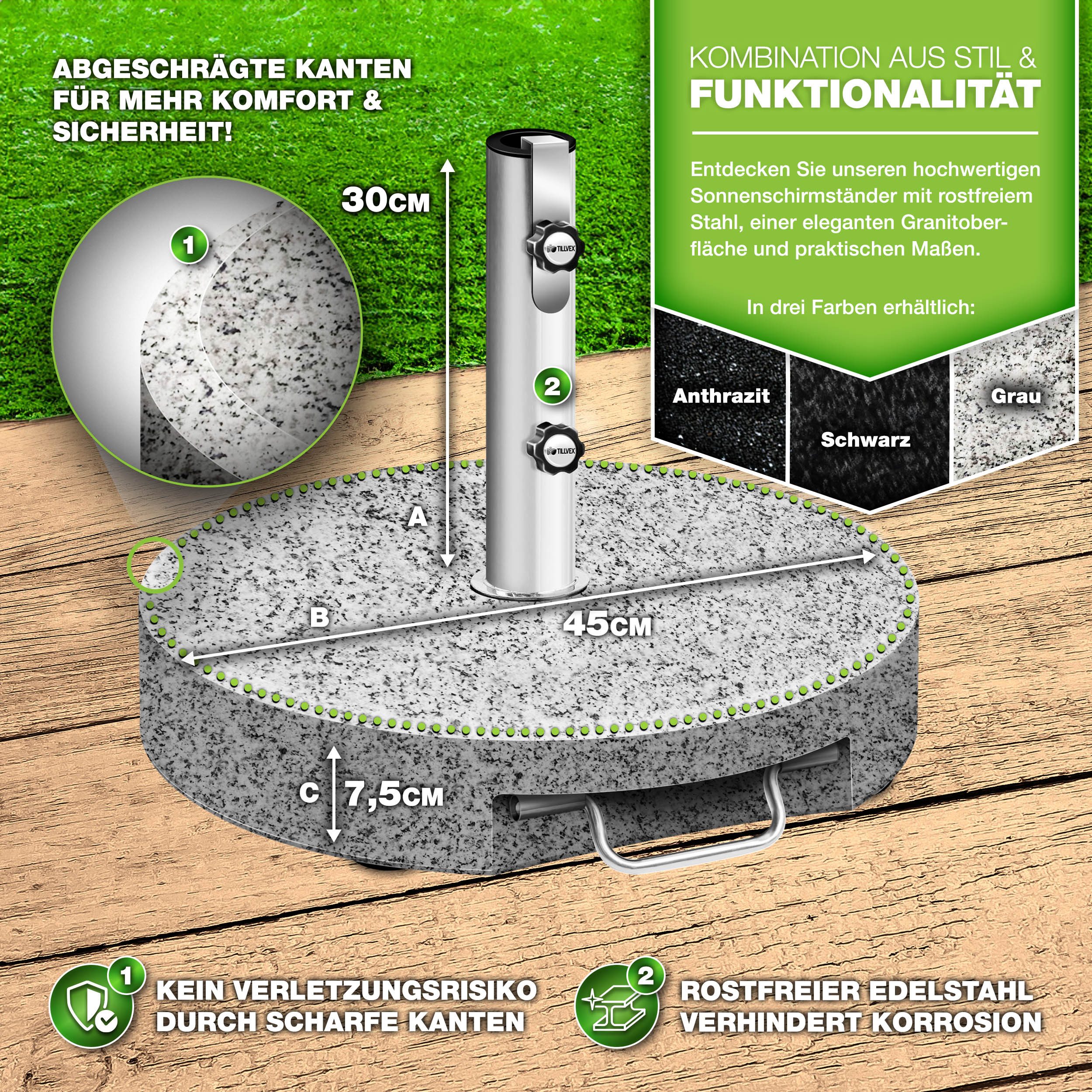 tillvex Sonnenschirm tillvex Granit Sonnenschirmständer, Balkonschirmständer für Schirmstöcke 16-48 mm & 300cm Schirmdurchmesser, Sonnenschirm, Granit Sonnensch – Bild 2 von 5