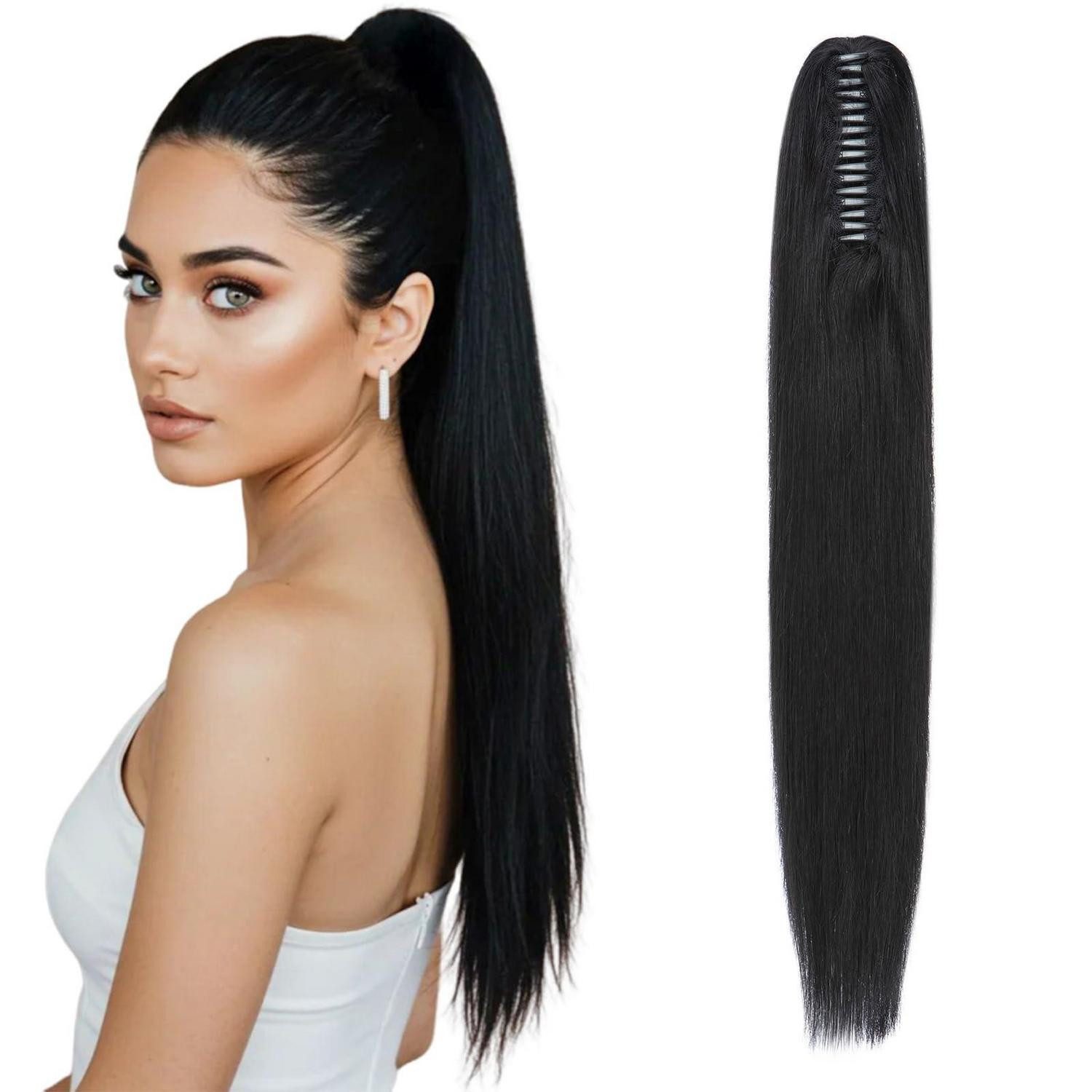LuxusKollektion Echthaar-Extension Pferdeschwanz Zopf Clip In Echthaar Glatt Damen 55cm-120g 01 Schwarz