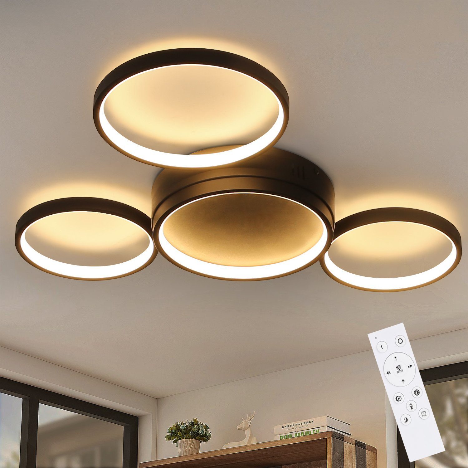 Nettlife LED Deckenleuchte Deckenlampe Warmweiß, 4 LED Ringe Küche Neutralweiß, integriert, mit mit Schlafzimmer Fernbedienung, Wohnzimmer fest Dimmbar Schwarz für Kaltweiß, Metall
