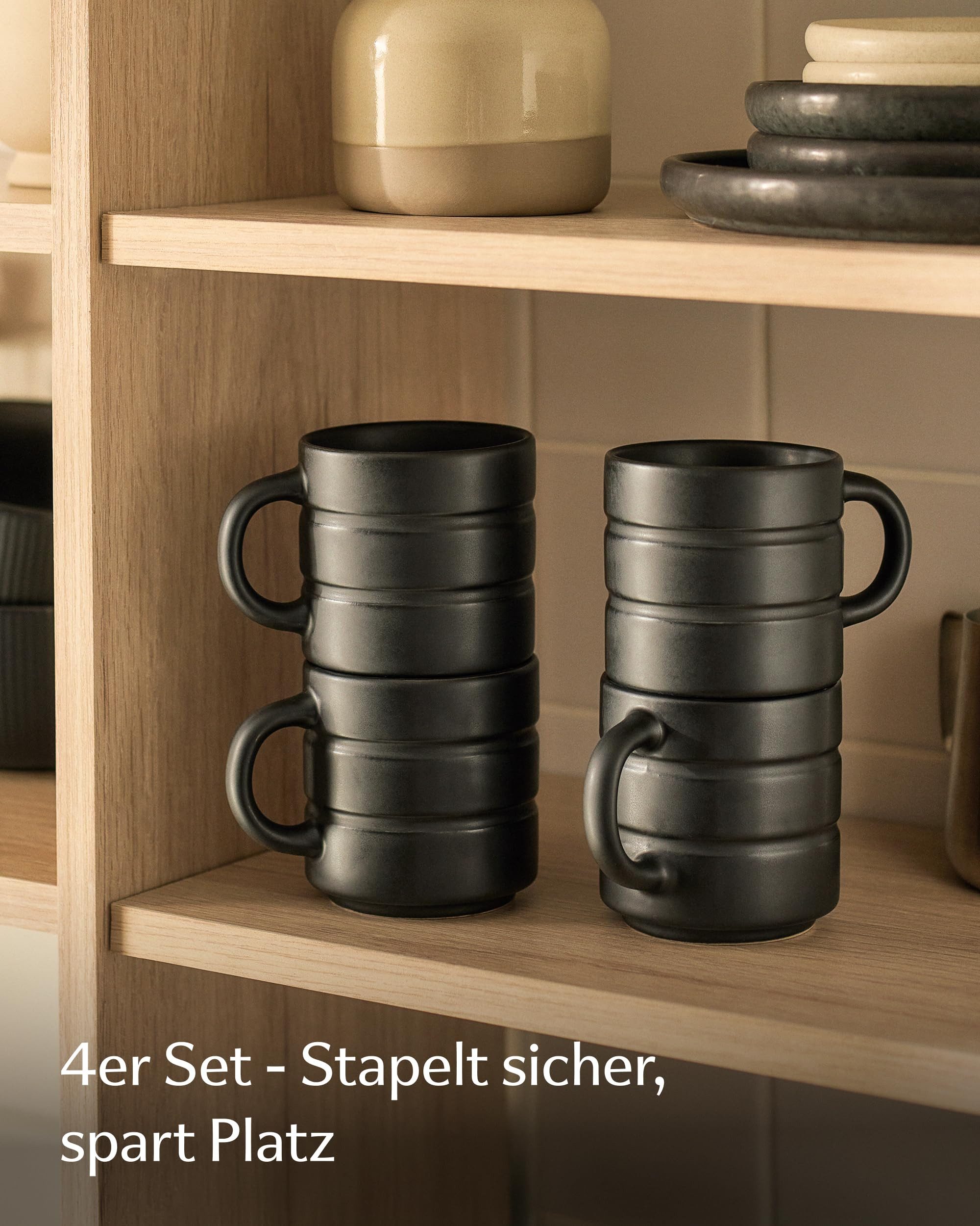 Cosumy Tasse Kaffeetassen Set 4 St. horizontal stapelbar Keramik - Rillenoptik, 4-tlg., Keramik, horizontal stapelbar, Rillenoptik, dickwandige Keramik, 4er-Set – Bild 2 von 5
