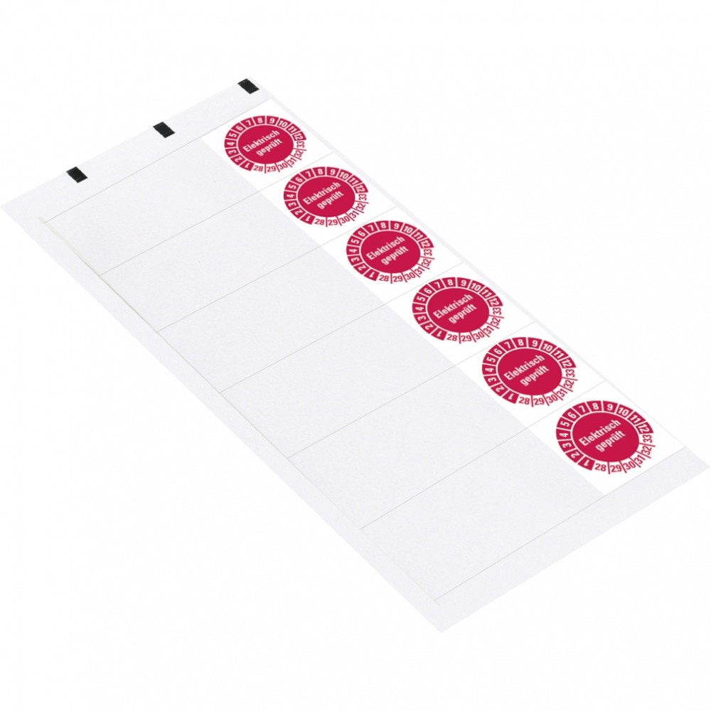Thumbnail - Dreifke Hinweisschild Kabelprüfplakette Elektr. geprüft 28-33, rot, Folie, selbstkl., 57x25m