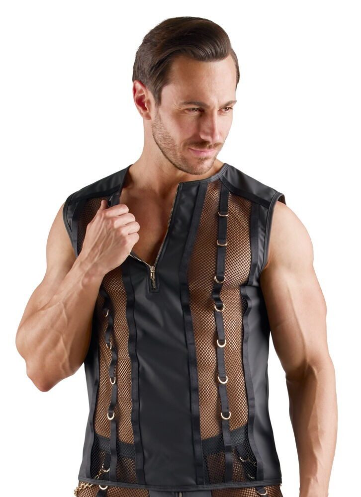 Svenjoyment Muskelshirt Ärmelloses Netz-Shirt im Mix mit Wetlook und Reißverschluss - schwarz (1-tlg) Seitlich und hinten dekorative Ringe
