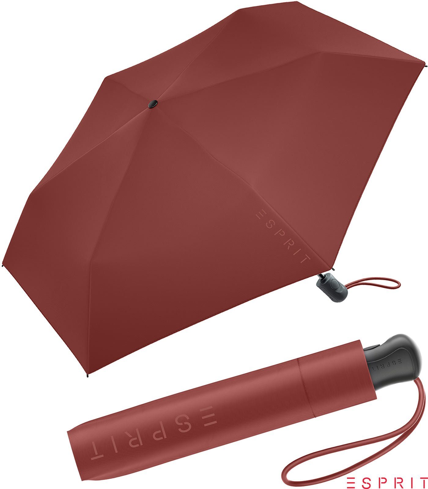 Esprit Taschenregenschirm Damen Easymatic Slimline Auf-Zu Automatik HW 2022 - russet brown, leicht, stabil, in den neuen Trendfarben braun