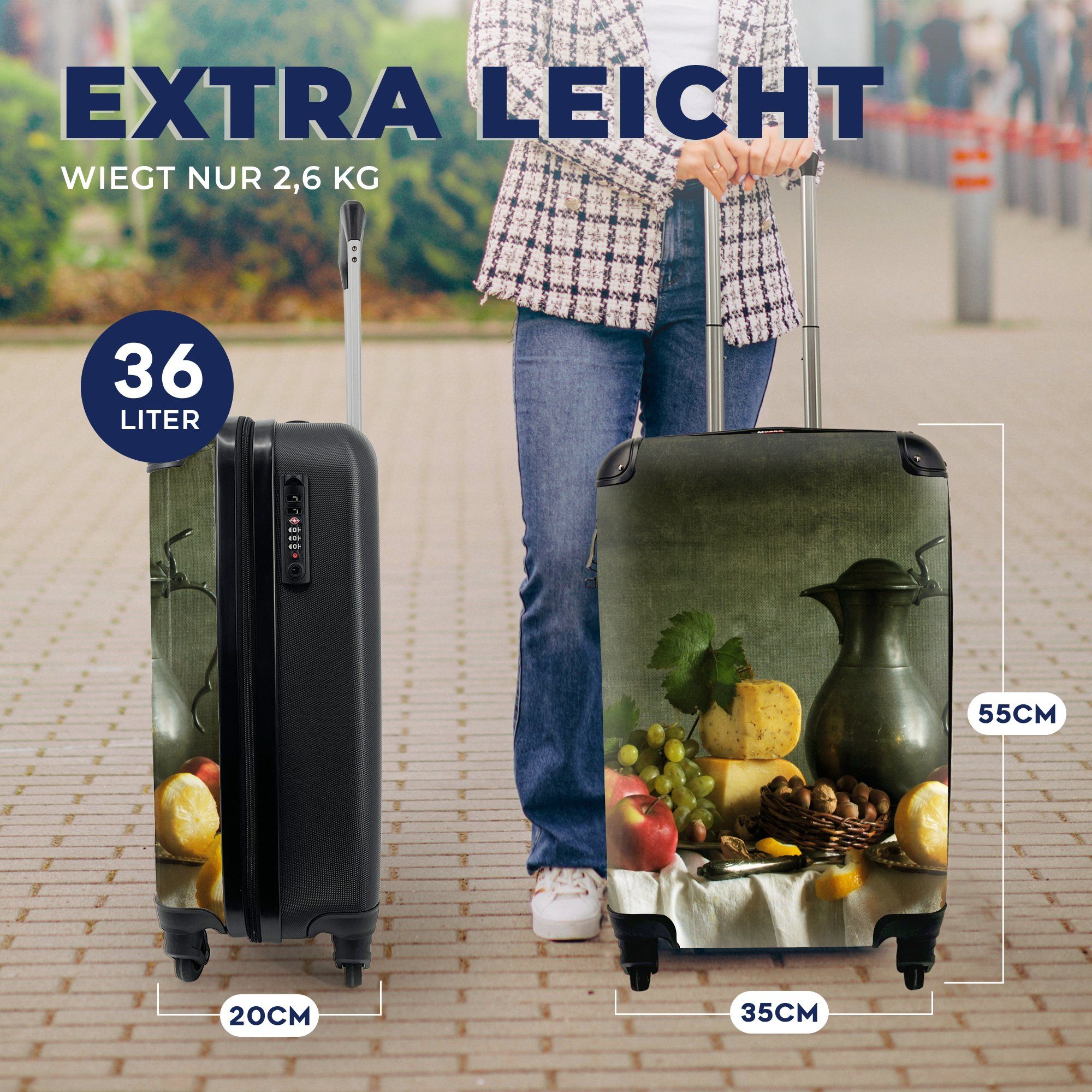 Teekanne mit - Handgepäckkoffer Handgepäck Ferien, Reisetasche für Stilleben, - 4 - Rollen, Reisekoffer Käse Obst MuchoWow rollen, Rustikal Trolley, -