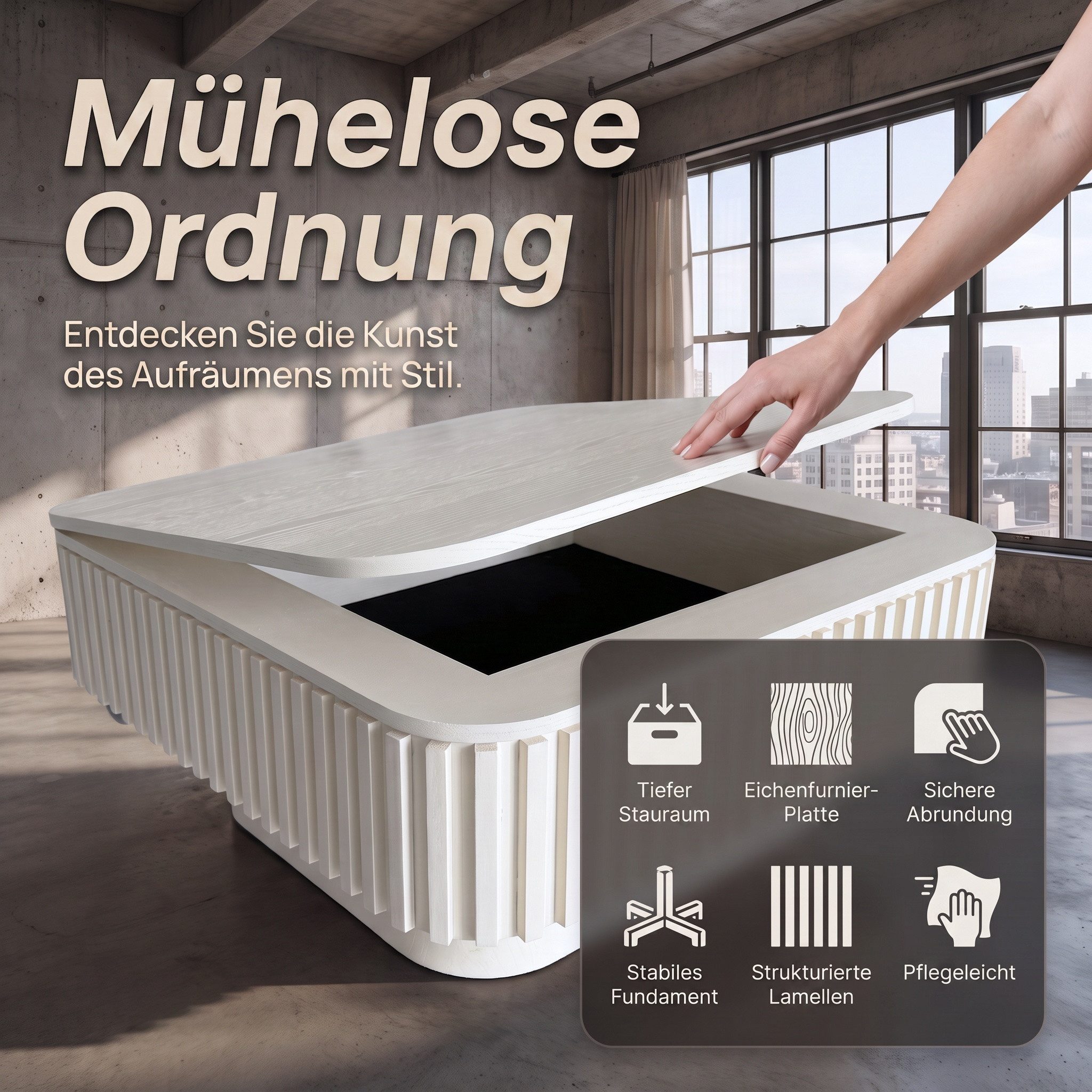 Celya Couchtisch Quadratischer Cocktailtisch mit verstecktem Stauraum (aus furniertem Massivholz, einfache Montage in 5 Minuten) – Bild 4 von 5