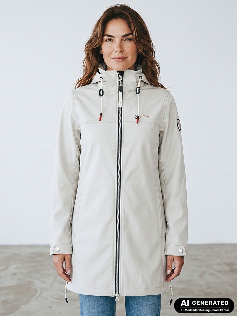Dry Fashion Softshellmantel Hooge Damen Softshelljacke Mantel Outdoor-Jacke mit Fleece-Innenfutter Atmungsaktiv, Wind- und wasserabweisend, 2-Wege-Reißverschluss, Kapuze