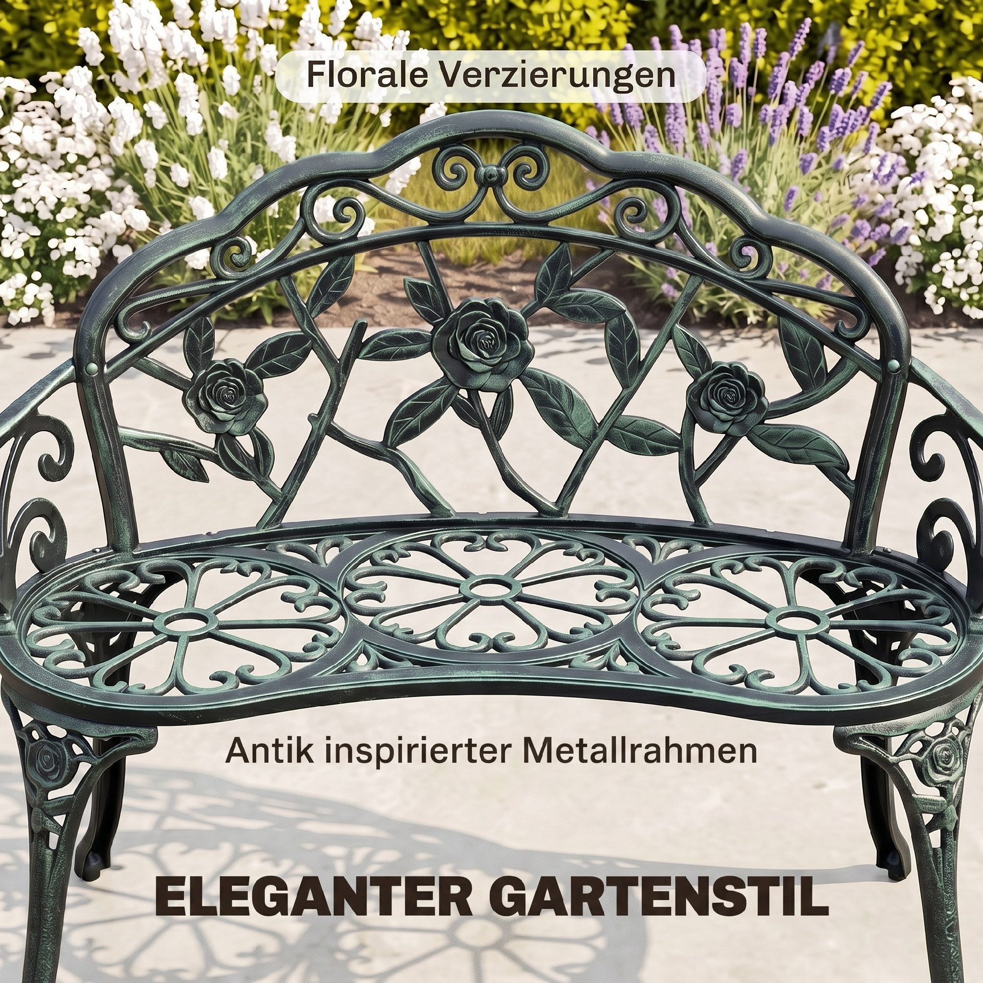 Outsunny Gartenbank Balkonbank Retro Stil, Blumenmuster, 240 kg belastbar, Antik Grün (Sitzbank, 1-St., Parkbank), 100 x 54 x 78 cm – Bild 4 von 5
