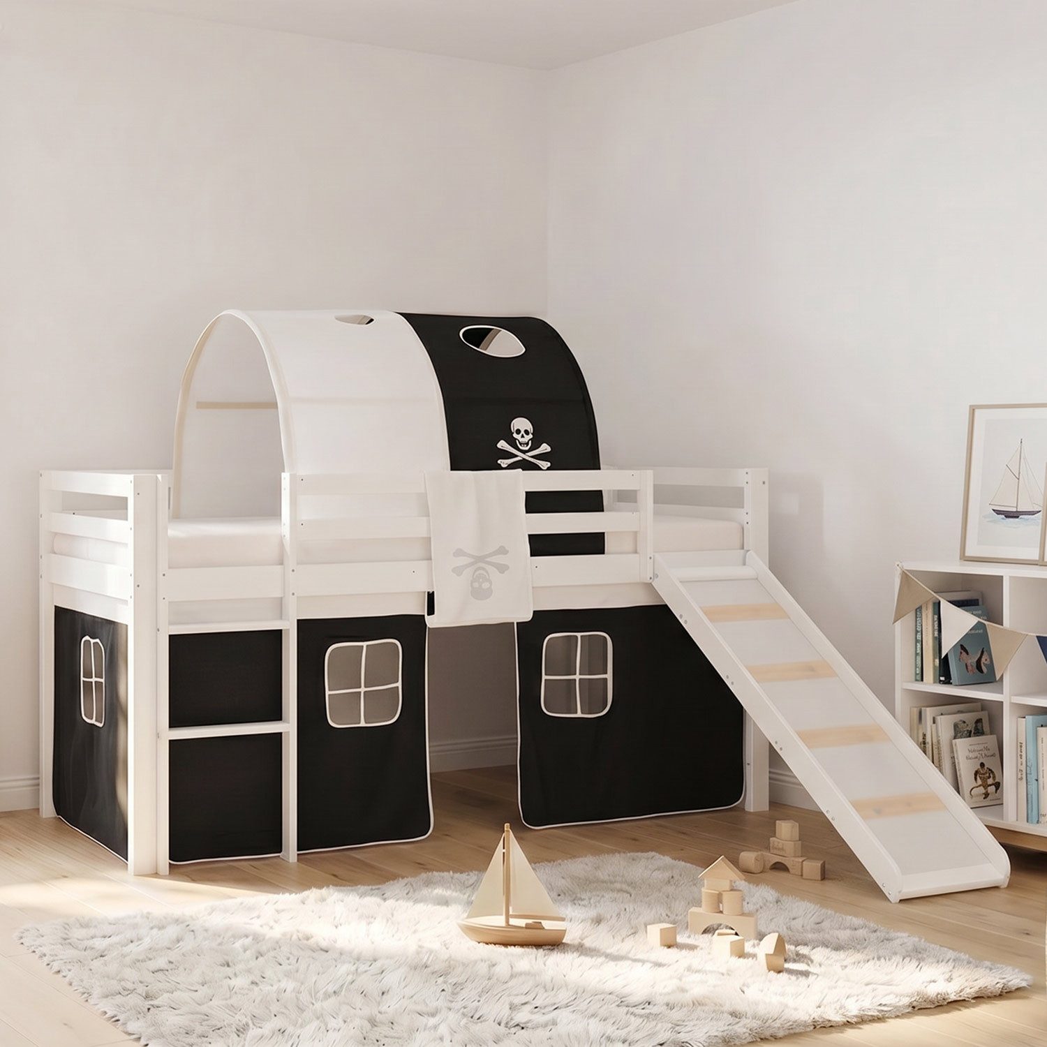 Homestyle4u Hochbett 90x200 cm Kinderbett Weiß mit Vorhang Kinder Treppe Leiter Kiefer Holz (Set, mit Lattenrost, Rutsche und Tunnel) Pirat, Junge Spielbett