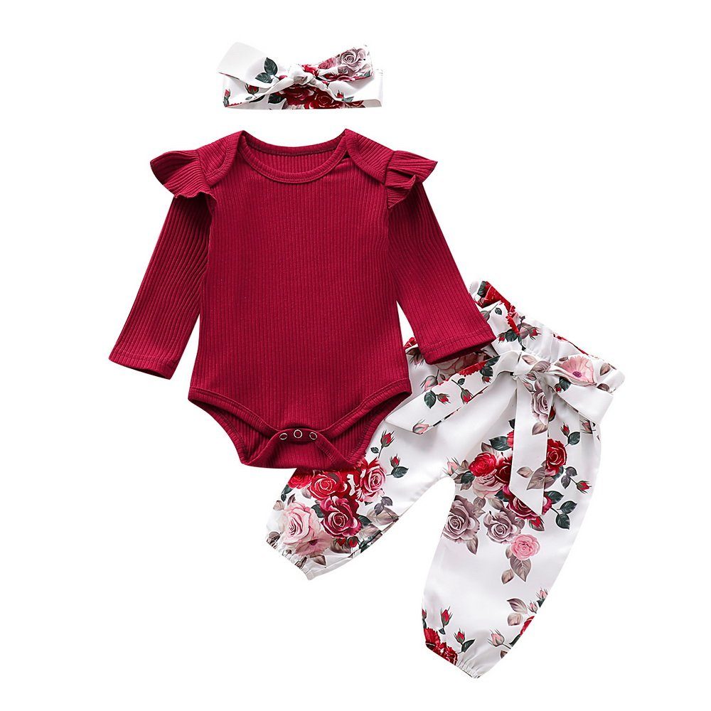LAPA Shirt, Leggings & Haarband »Baby Langarm Strampler + Hose +  Kopfbedeckung Dreiteiliges Set« mit Rüschen, elastischer Bund, Lässiges  Anzug