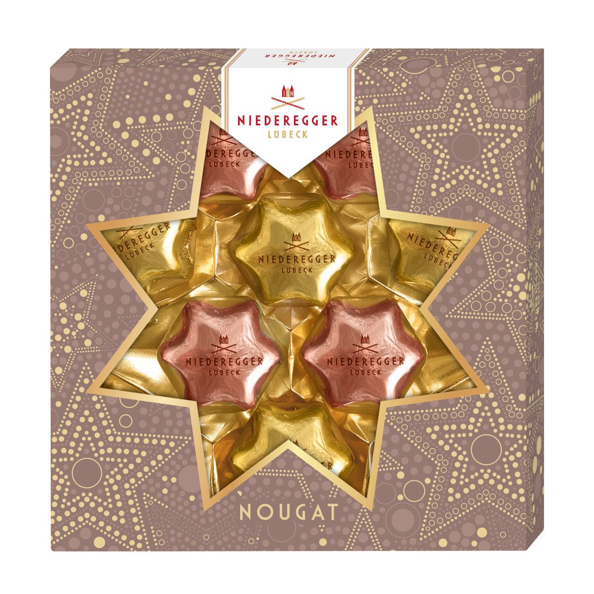 Niederegger Schokolade, Niederegger Nougat Weihnachtssterne Duo Nuss und Sahne Packung 125g