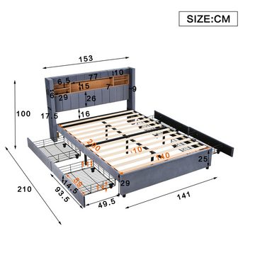 IDEASY Bettgestell Samtiges Polsterbett aus MDF, 140x200cm, mit Kopfteil-Aufbewahrung, (Höhe unter dem Bett 18.5cm mit 16-farbiger LED-Leiste), USB-Ladegerät, Bluetooth, schlichtes Design