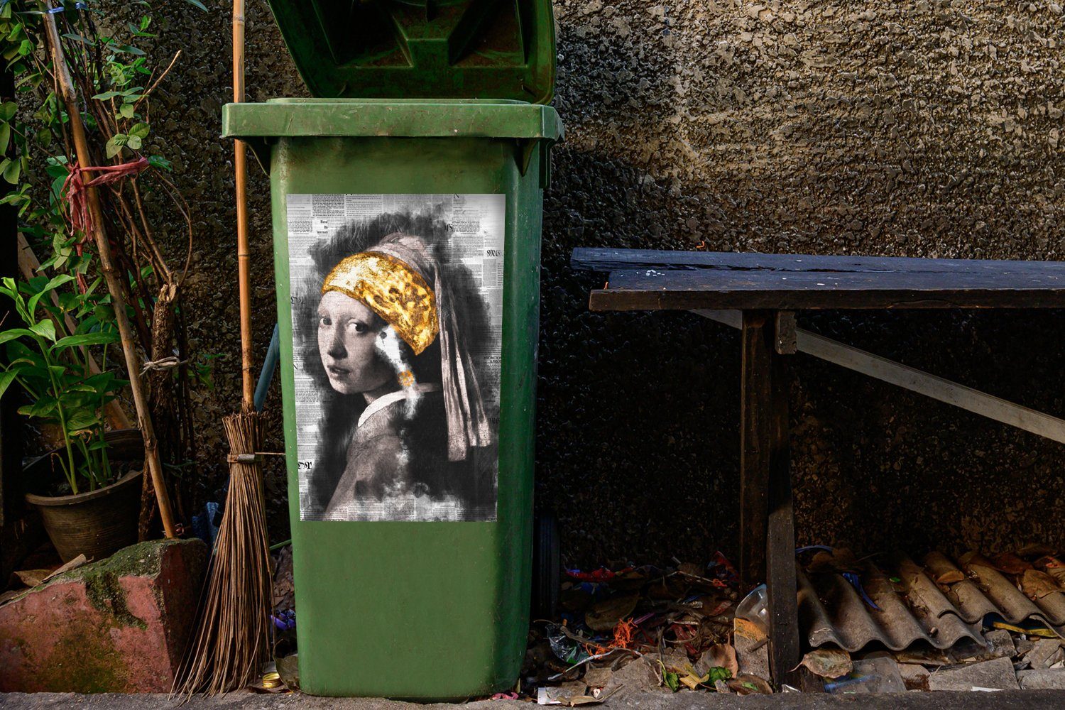 MuchoWow Wandsticker Mädchen mit Perlenohrring Container, - Mülltonne, Mülleimer-aufkleber, Johannes St), (1 - Gold Vermeer Abfalbehälter - Zeitungsartikel Sticker