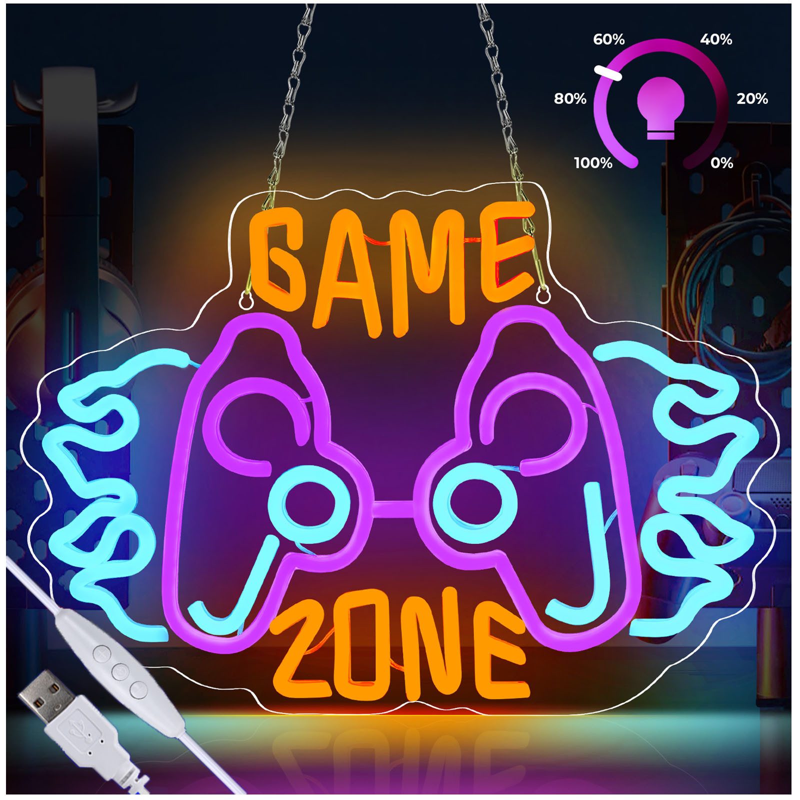 JIBENNEON LED Dekoobjekt GAME Spiel Neon Sign Dimmbar Neonschild Wanddekoration USB, Schalter, Griffform-GAME ZONE, LED fest integriert, Leuchtreklamen LED Nachtlicht Wandleuchten