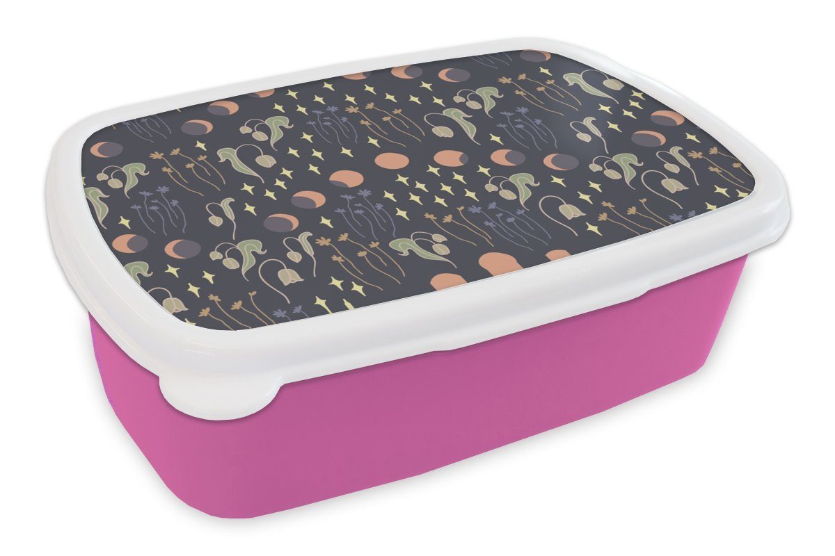 MuchoWow Lunchbox Weltraum - Mond - Sterne - Blumen - Muster, Kunststoff, (2-tlg), Brotbox für Erwachsene, Brotdose Kinder, Snackbox, Mädchen, Kunststoff rosa