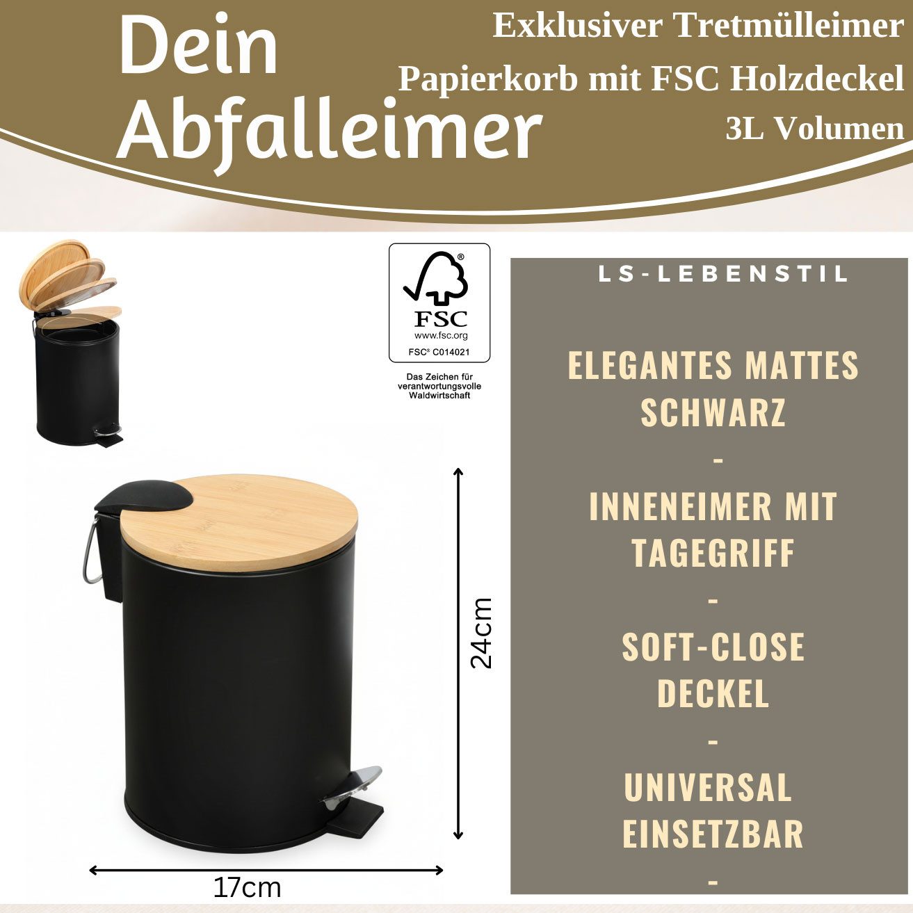 LS-LebenStil Kosmetikeimer Tretmülleimer Papierkorb 3L Soft Close Rund Fußpedal Mülleimer, Kosmetik-Mülleimer Treteimer Bad Badezimmer Küche Mülleimer