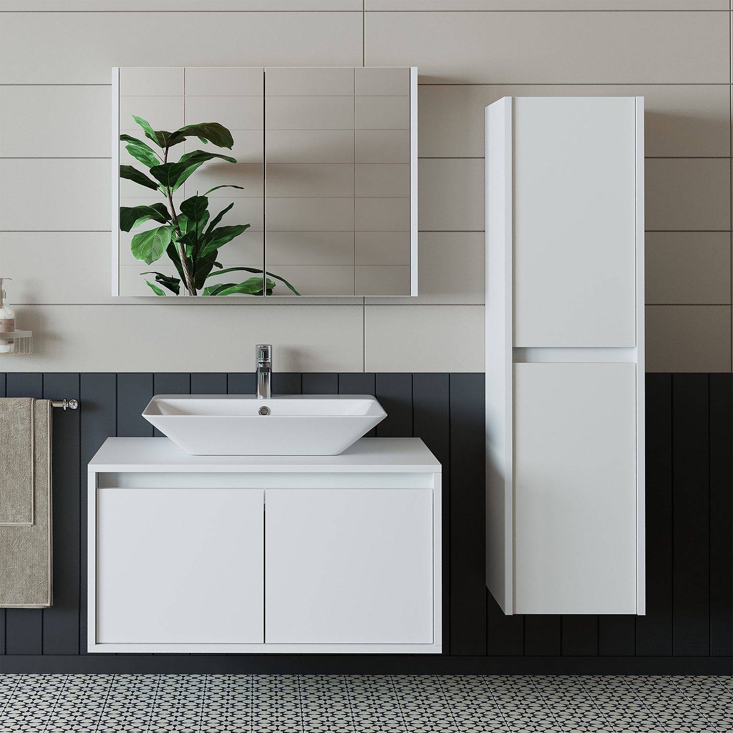 Roomart Badmöbel-Set ATLANTIC – Unterschrank, Waschbecken, Spiegelschrank & Hochschrank, (Badmöbel Set ATLANTIC 85 cm in 4 Farben Unterschrank mit Waschbecken)