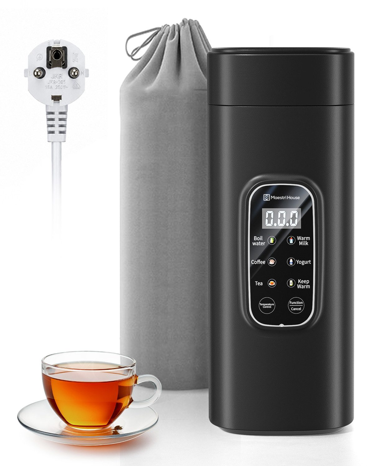 Maestri House Reise-Wasserkocher Reise-Wasserkocher 0,55 l, 6 Temperaturstufen, LED-Display, 0.55 l, 400 W, 550 ml Schnellkochfunktion, kleiner Wasserkocher aus Edelstahl 304