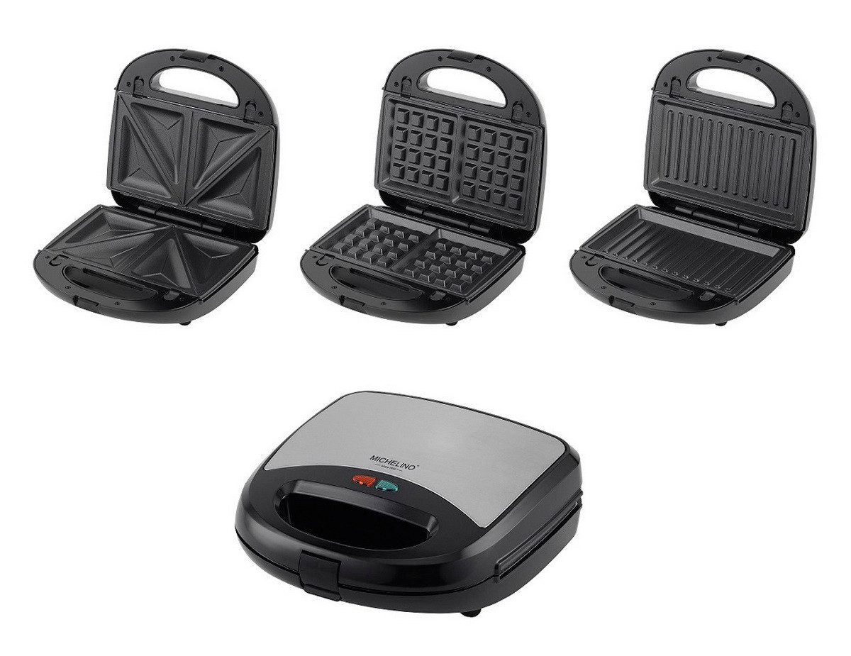 Michelino Kontaktgrill 3in1 Multigrill Sandwichttoaster Waffeleisen Grill, 750,00 W, 3 Wechselplatten für Waffeln Sandwiches und Grillgut