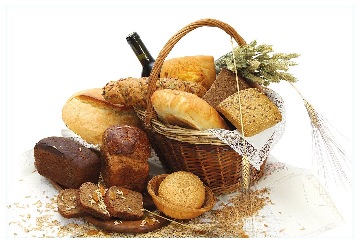 Wallario Küchenrückwand Brot und Brötchen im eleganten Korb - mit Wein und Getreide, (1-tlg)