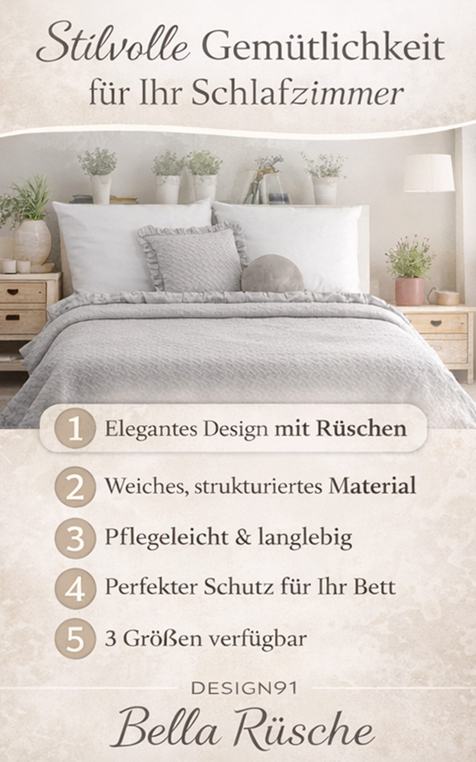 Design91 Tagesdecke BELLA RÜSCHE, Bettüberwurf mit Rüschen, elegante Tagesdecke, weiche Struktur