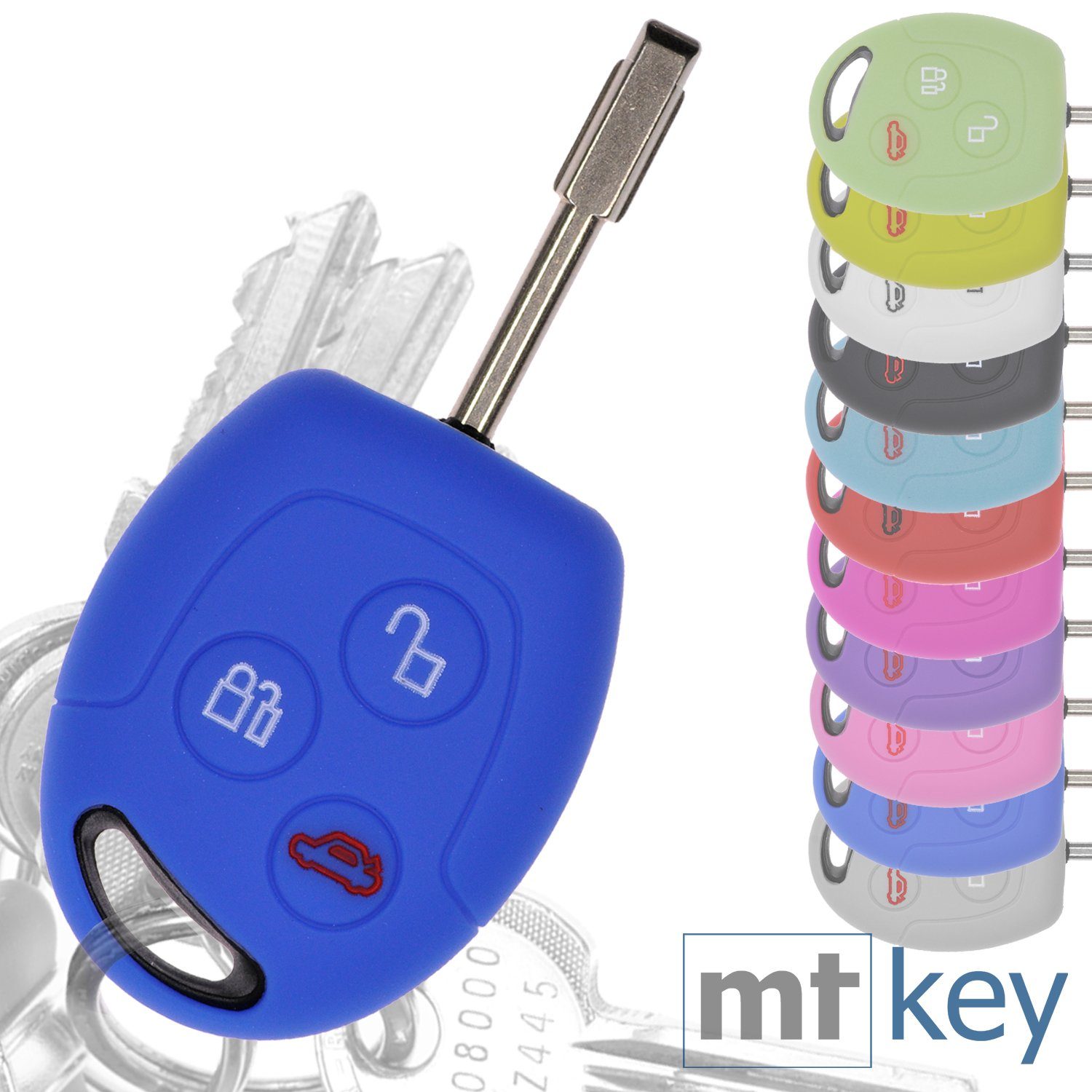 mt-key Schlüsseltasche Autoschlüssel Softcase Silikon Schutzhülle Blau, für Ford Transit Mondeo Focus II Fiesta VI Fusion Galaxy S-MAX 3 Knopf