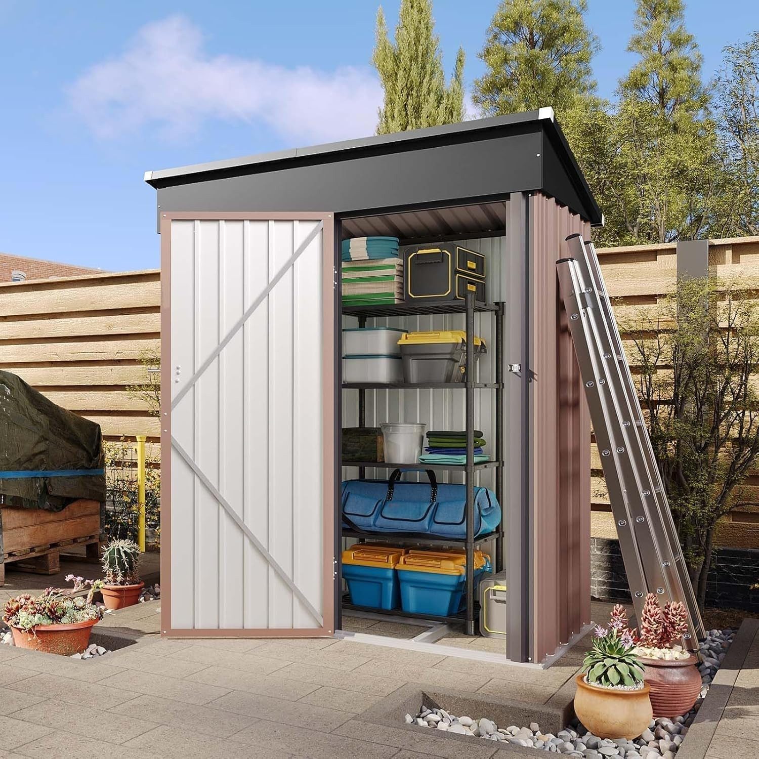 AOXUN Gerätehaus mit Metall 150x91x185cm, Inklusive Bodenrahmen, Schwarz, BxT: 150x88 cm, (1 St), Haken oder Aufbewahrungssysteme anbringen, um Dinge zu organisieren.