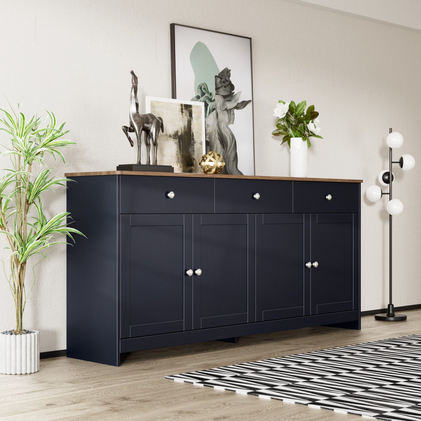 IDEASY Sideboard Buffetschrank Landhausstil, 4 Türen, 3 Schubladen, 160cm Länge (silberne Griffe; Einfache Montage für 2 Personen, 30-60min), Verstellbare Regalböden, viel Stauraum; MDF & Spanplatte