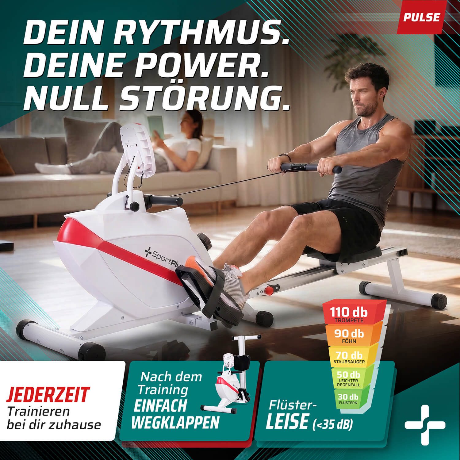 SportPlus Rudergerät Klappbar, Magnetbremse, 8 Widerstandsstufen, 8 kg Schwungmasse, Rudermaschine klappbar, Magnetbremssystem, 8 Widerstandsstufen