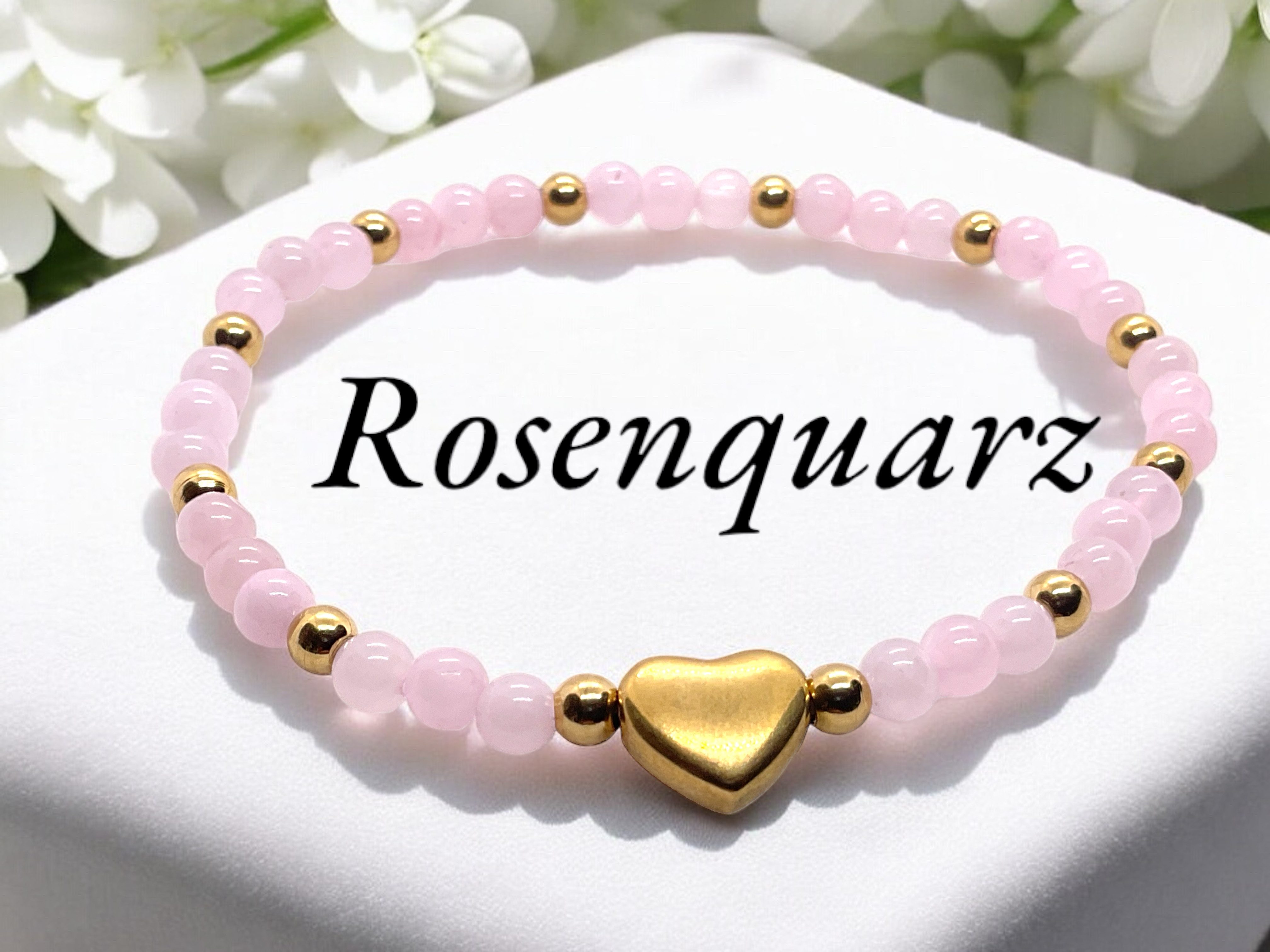Steinfixx® Perlenarmband Rosenquarz Armband 4mm mit Messingherz (mit 12 Messingperlen je 4mm, 1-tlg., AAA-Qualität), incll. Geschenkbox und Edelsteinkarte