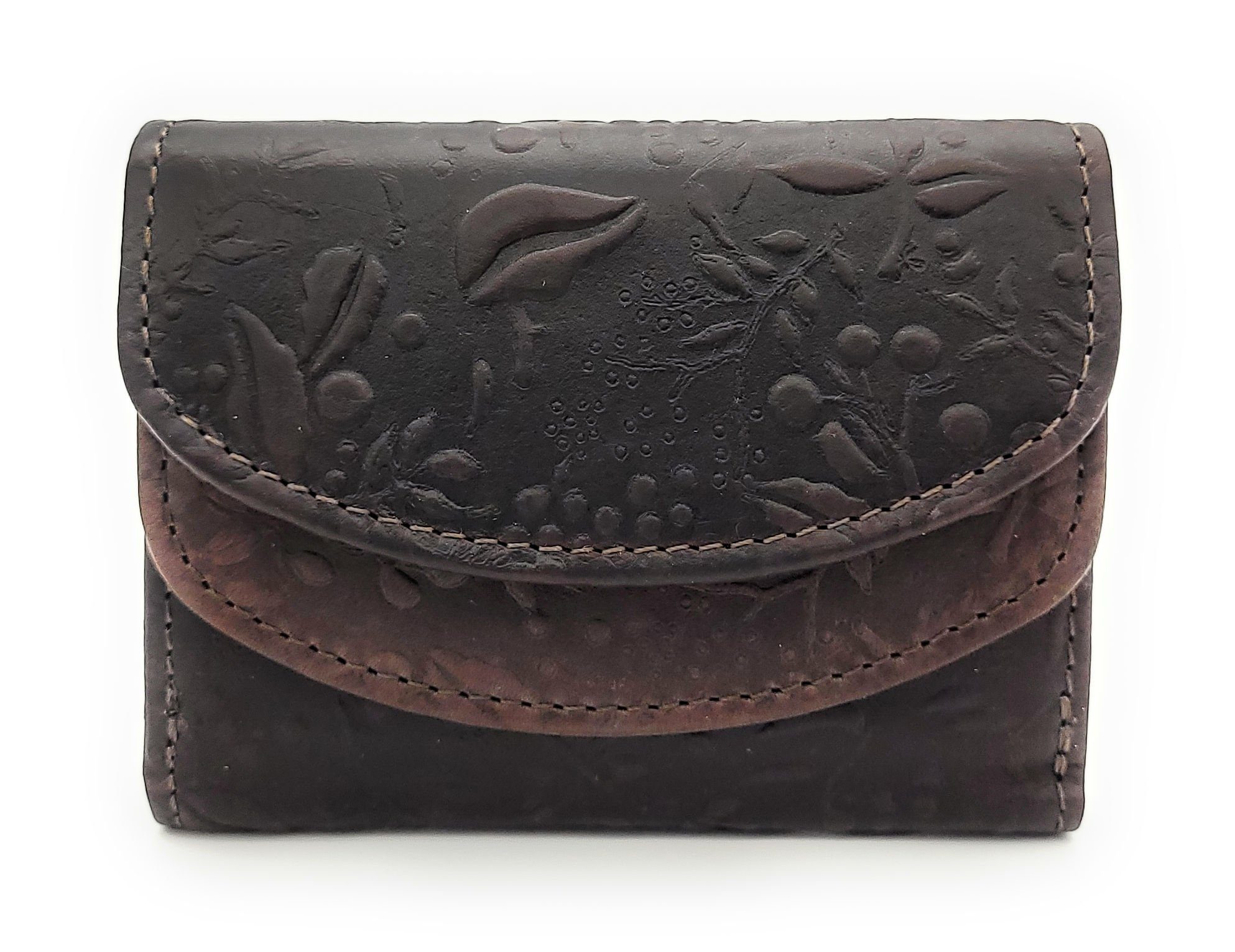 Hill Burry Mini Geldbörse echt Leder Damen Portemonnaie mit RFID Schutz,  florale Prägung, kleine Damen Wende-Börse, dunkelbraun