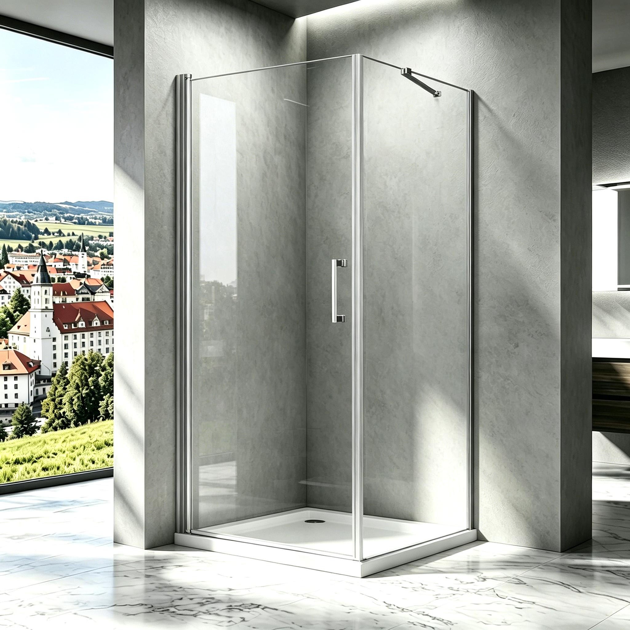 Boromal Eckdusche Duschkabine Eckeinstieg Pendeltür Drehtür mit seitenwand NANO H:195cm, BxT: 90x90 cm, 5mm Sicherheitsglas, Duschtür Schwingtür, mit Alu-Bodenleiste, variabler Verstellber Aluprofil, Magnetdichtleisten
