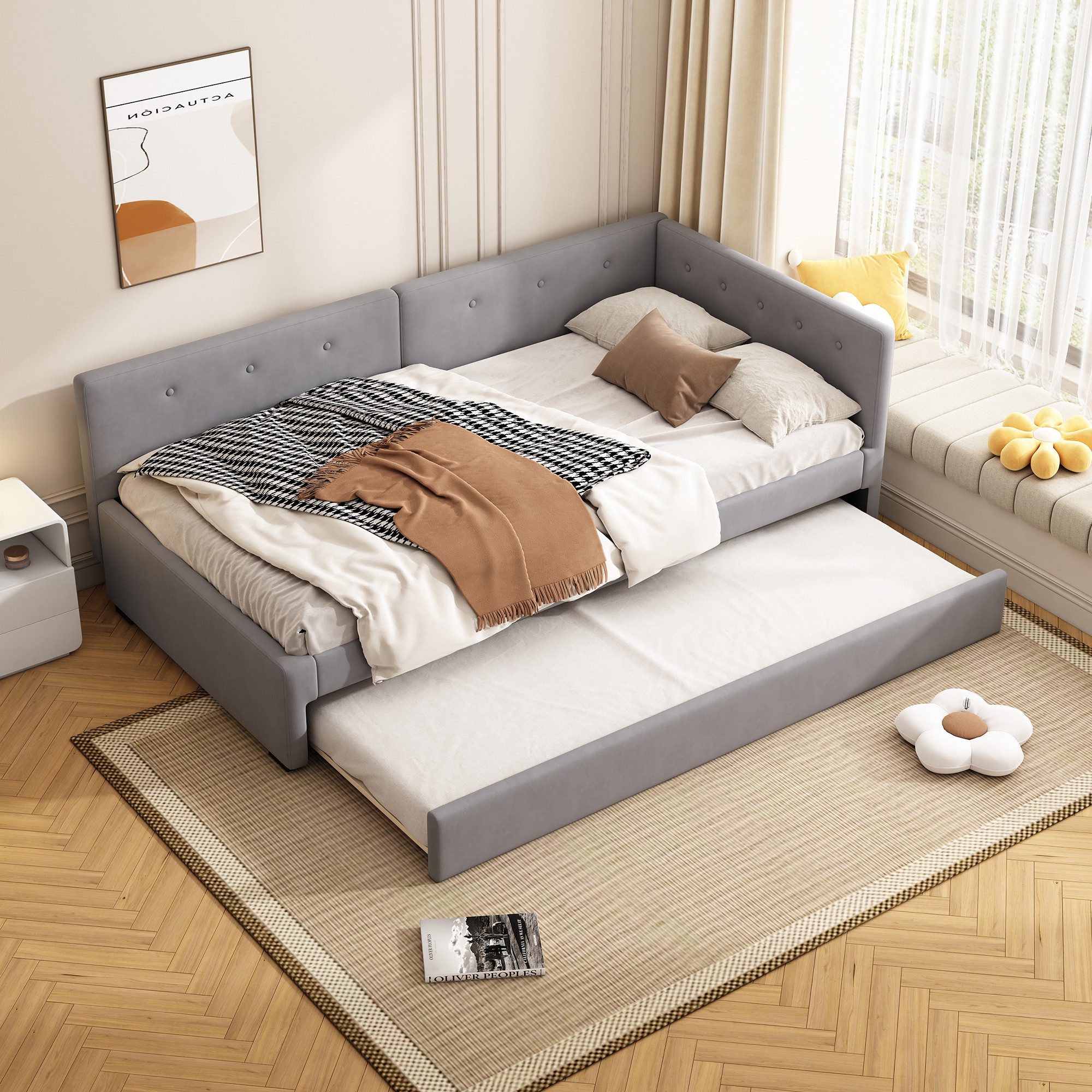 STILVORA Schlafsofa mit bettfunktion,Polsterbett 90x200,Tagesbett ausziehbar, Bettgestell aus Holz, minimalistisches Styling, Ohne Matratze