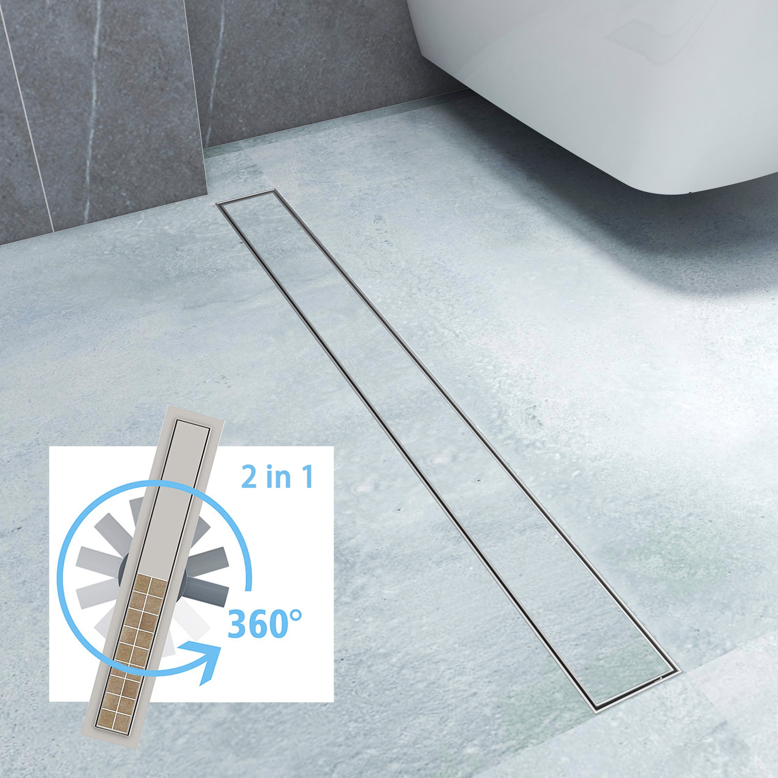 duschspa Duschrinne Edelstahl Bodenablauf befliesbar,2 in 1 Doppelseitig Design mit 360° ↻ Drehbarem Siphon, Geruchsstop und Haarsieb, komplettset, Rostbeständig Korrosionsresistant