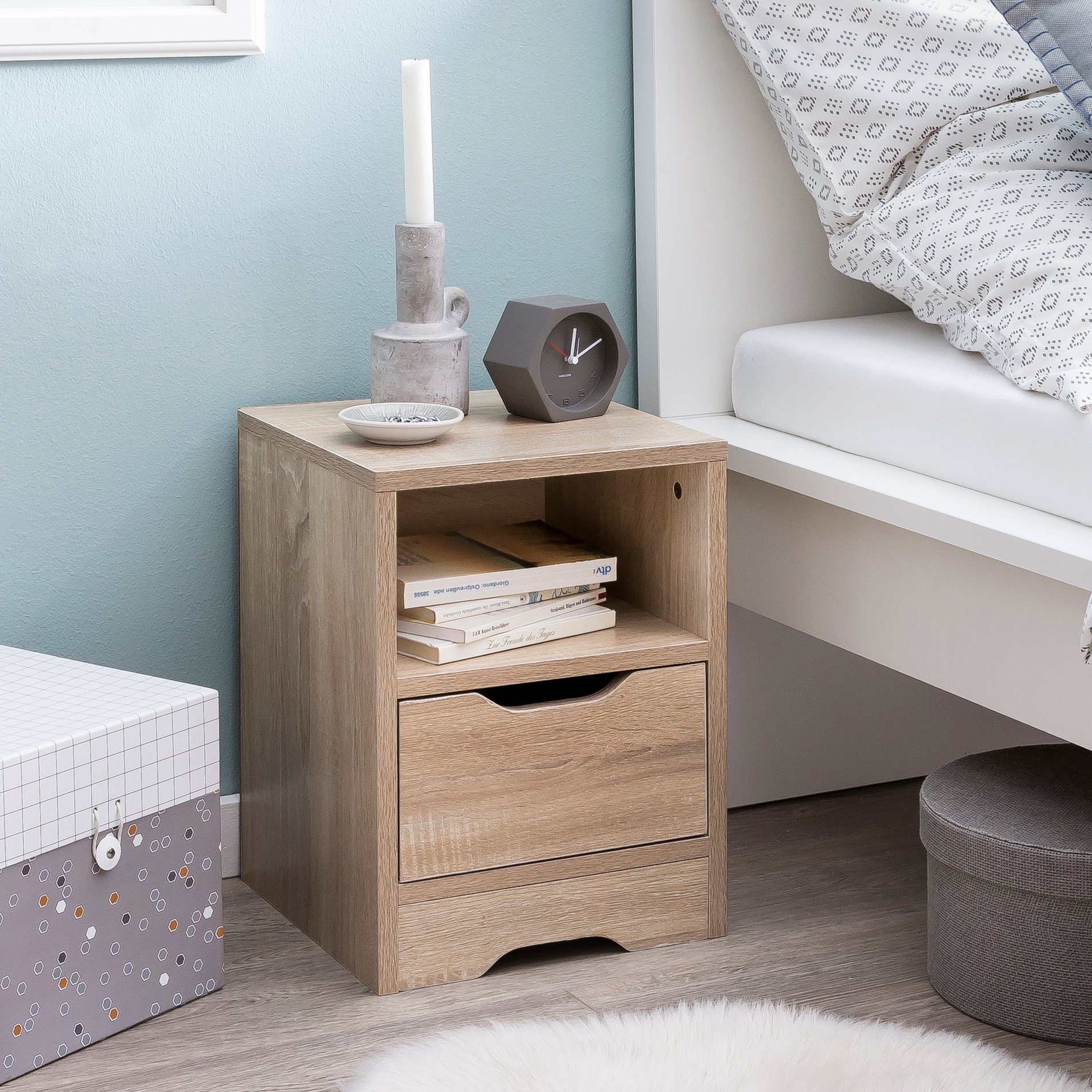 FINEBUY Nachtschrank SuVa13510_1 Nachtkonsole Holz 31x43x31 cm Nachttisch Nachtkommode (31x43x31 cm Sonoma 1 Schublade 1 Ablagefach) Nachtkonsole Modern, Nachtkästchen Schlafzimmer