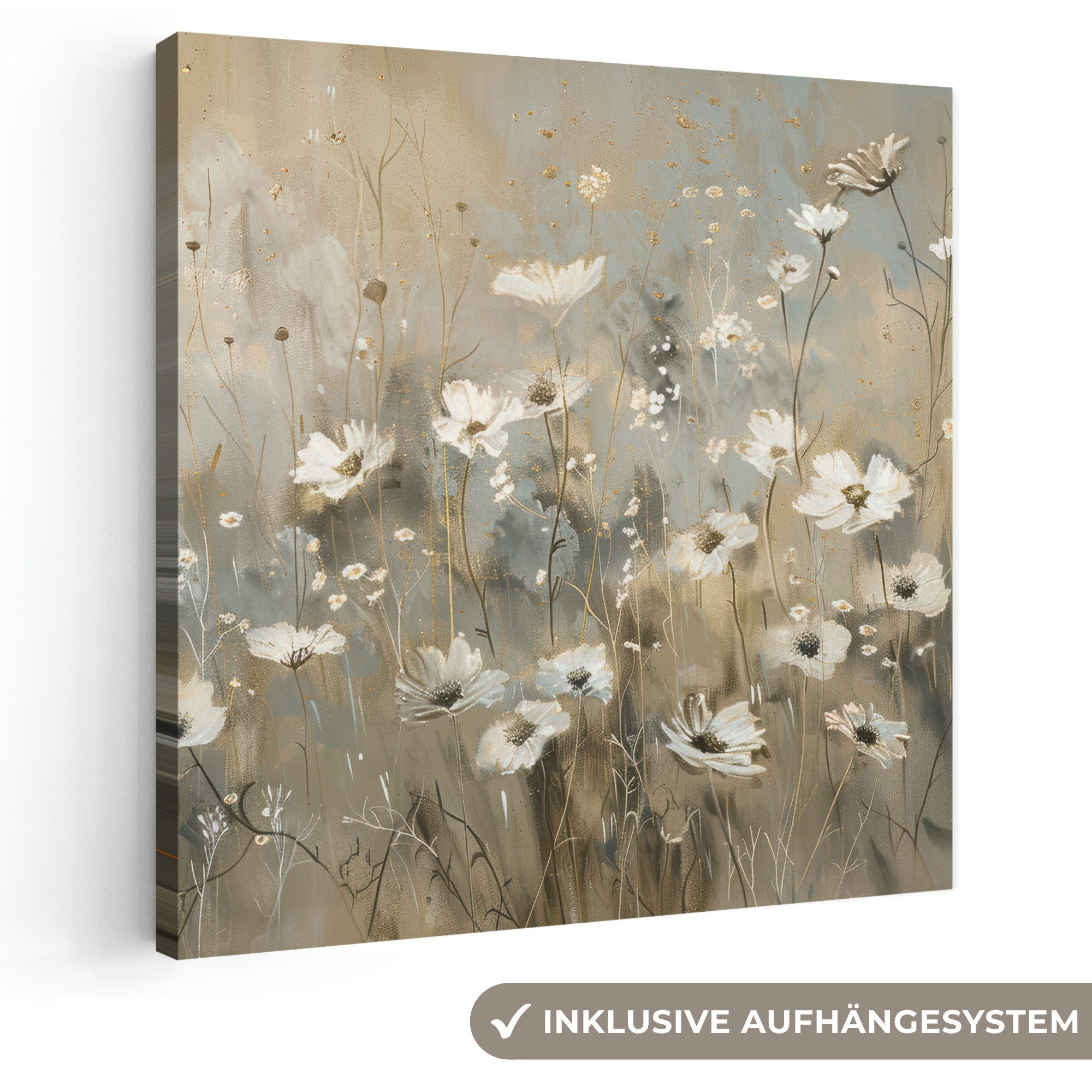 OneMillionCanvasses® Leinwandbild Blumen - Weiß - Natur - Grau - Modern, Fotodruck (1 St), Wandbild, Deko Schlafzimmer Wohnzimmer Flur 20x20 cm