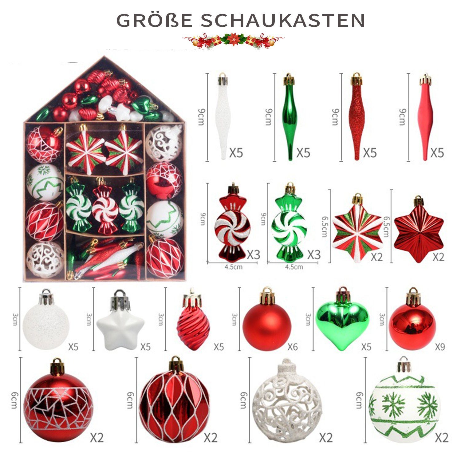 Ornamente-Set Weihnachtsbaumkugel 73tlg MAGICSHE Weihnachtsdeko Rot/Grün/Weiß