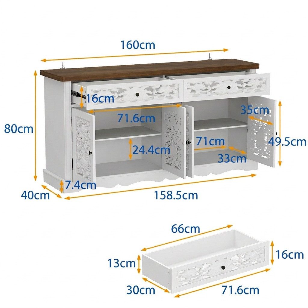 HOMSEE Sideboard Kommode Rokoko mit 2 Schubladen & 4 Türen verstellbar (1 St), Edler Rokoko-Stil mit viel Stauraum & verstellbaren Böden – Bild 2 von 5