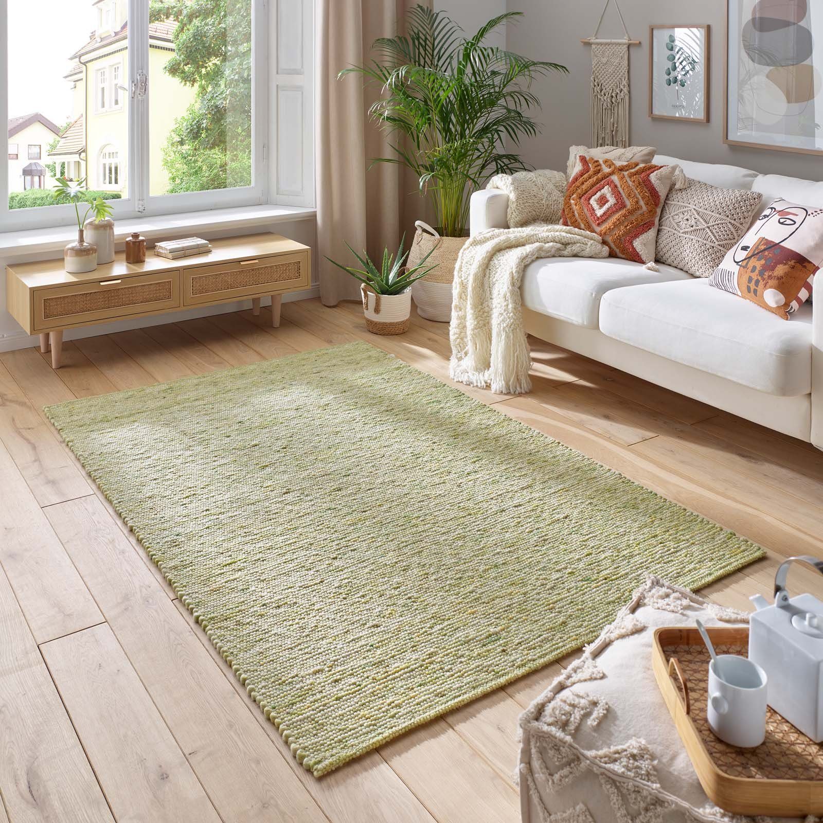 TaraCarpet Wollteppich TaraCarpet Limburg handgewebter Schurwollteppich aus gewalkter Wolle, rechteckig, Höhe: 8 mm, Handgewebt Teppich grün meliert Wohnzimmer Schlafzimmer 090x160 cm