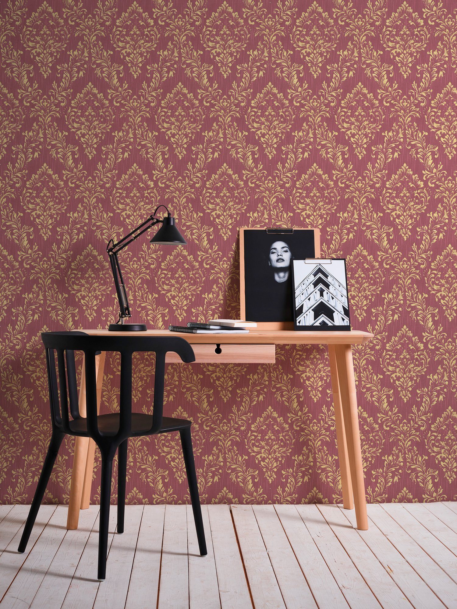 A.S. Création gold/rot matt, Barock Tapete Ornament Architects Barock, glänzend, Silk, Metallic Paper Textiltapete samtig