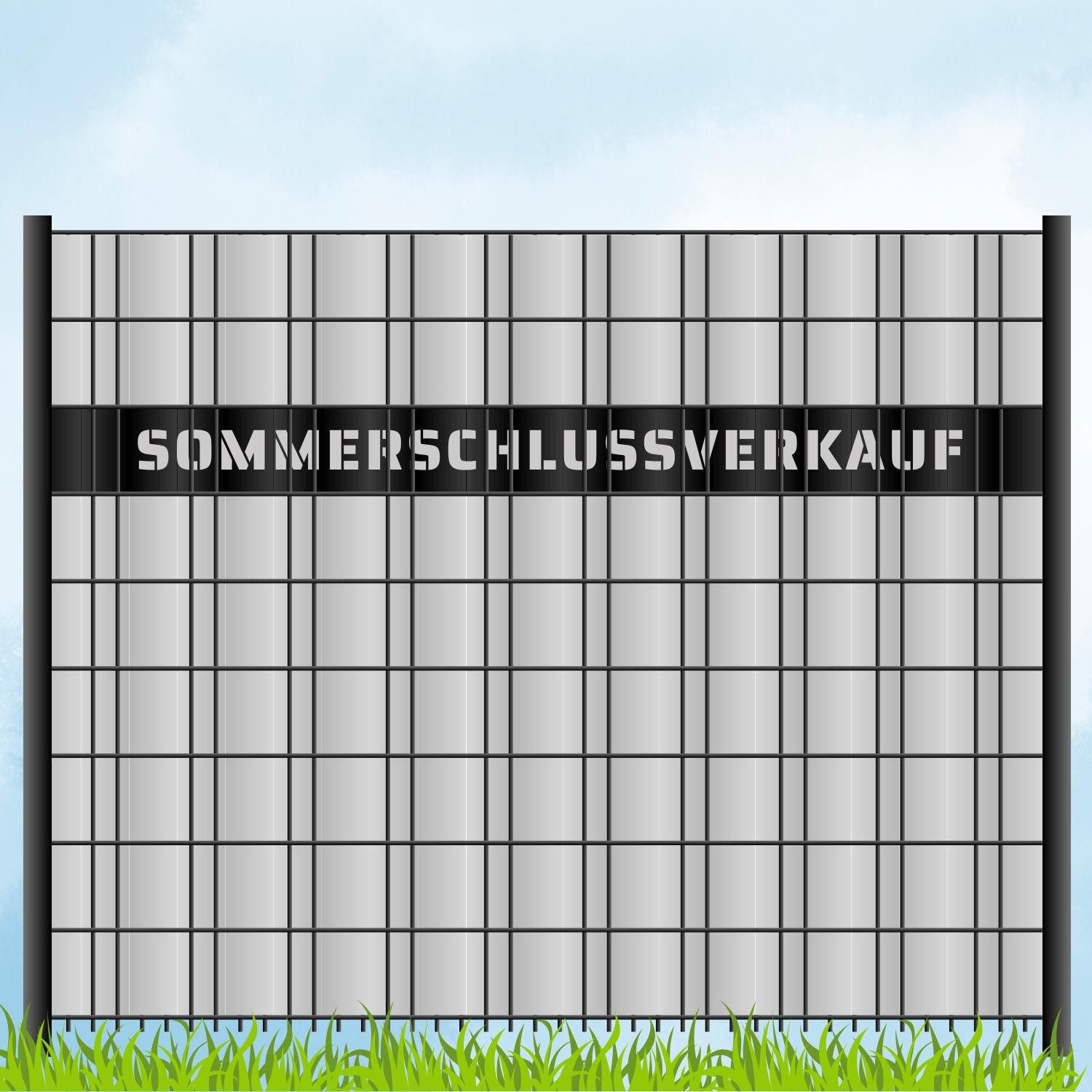 zaunzu Sichtschutzstreifen Laser Beschriftung "SOMMERSCHLUSSVERKAUF" Tiefschwarz 2,55m, (1x Einzelstreifen, für Doppelstabmattenzaun), Made in Germany
