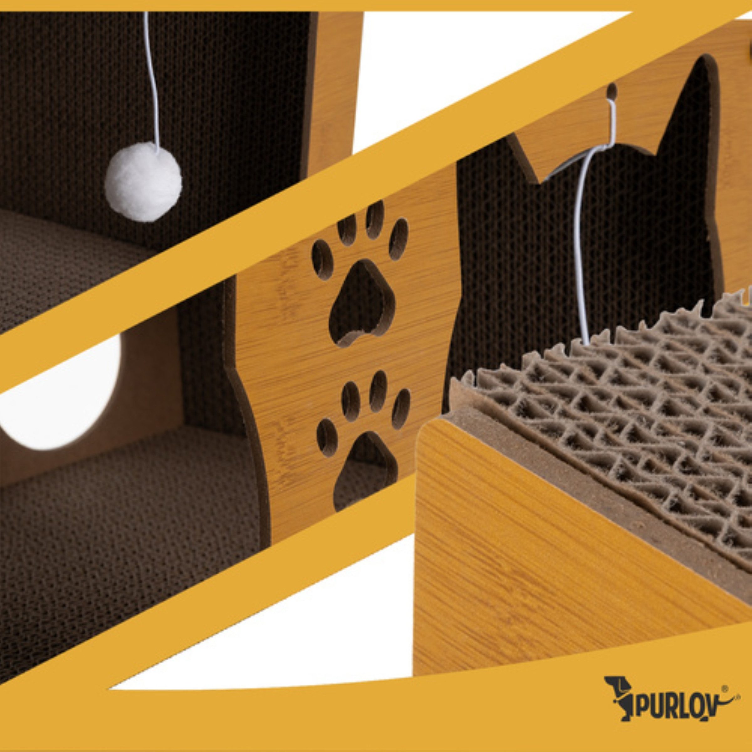 Purlov Kratzpappe Katzenkratzhaus zweistöckig mit Haus Bett und Spielbällen aus HDF, (Katzenkratzbaum zweistöckig mit Haus Kratzfläche und Spielbällen, Kratzbaum mit Haus Bett Spielbällen aus HDF und Wellpappe), Zweistufige Konstruktion Stabile Bauweise Kompakte Form