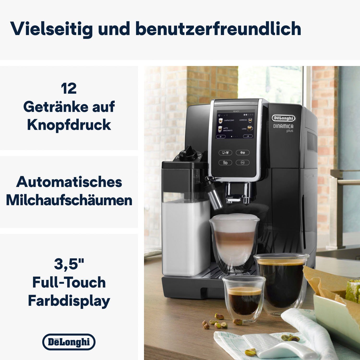De'Longhi Kaffeevollautomat Dinamica Plus ECAM370.70.B - 14 Rezepte, perfekter Milchschaum, schwarz, Einfache Bedienung dank 3,5" Touchscreen & Kaffeekannen-Funktion