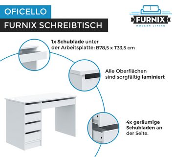 Furnix Schreibtisch Oficello Neu moderner Arbeitsplatz mit 5 Schubladen Weiß matt, Maße BxHxT 120x75x55 cm, pflegeleichte Oberflächen
