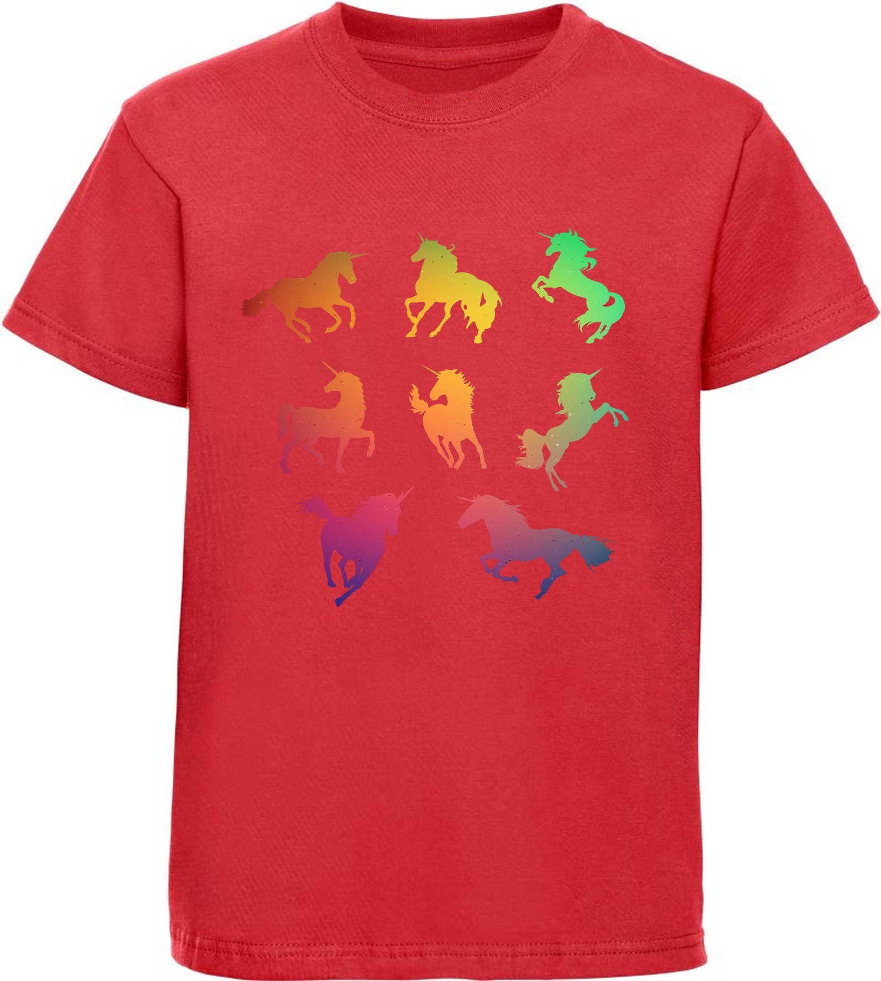 Print-Shirt bedrucktes Kinder Mädchen T-Shirt - Pferde Silhouetten bunt