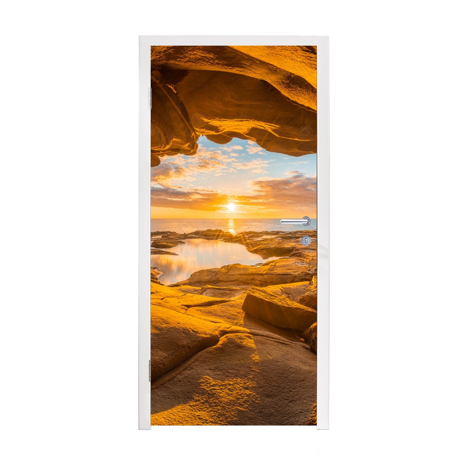 Tür, Matt, 75x205 Horizont - bedruckt, Meer Höhle - Türaufkleber, (1 Sonnenuntergang, für Türtapete - MuchoWow cm Fototapete St),