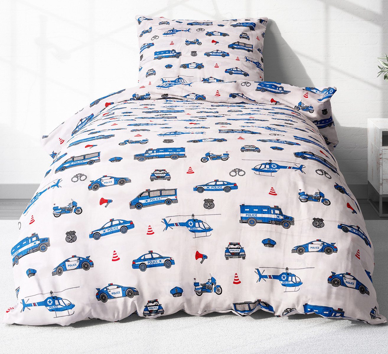 Heubergshop Kinderbettwäsche, Renforcé, 2 teilig, 135x200cm und 80x80cm - Polizei Autos 100% Baumwolle (EW-Polizei)
